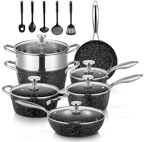 FOHERE Nonstick Pots and Pans Set with Lids 17 PCS, Aluminum Induction Ceramic Coating Kitchen Cookware Sets with Frying Pans, Saucepans, Stock Pot, Black