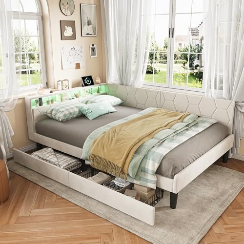 HOOGDLJ Sofá cama tapizado de 140 x 200 cm, cama doble con 2 cajones, cama funcional con iluminación LED y estación de carga USB, cama de invitados con somier (terciopelo beige)