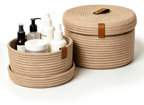 2 Pezzi Cestino Portaoggetti con Coperchio, Cestini in Corda di Cotone con Coperchio, Cesto Intrecciato Lavabile, Cestino Multifunzionale per Soggiorno, Bagno, Ufficio, Decorativo