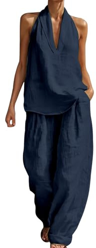 Chanpning Completo Lino Donna Cerimonia Tuta Casual Senza Maniche Girocollo 2 Pezzi In Lino Top Slim Fit Pantaloni Gamba Larga Completo Estivi Completi Elegante Lunghi Set Mare Da Casa Spiaggia