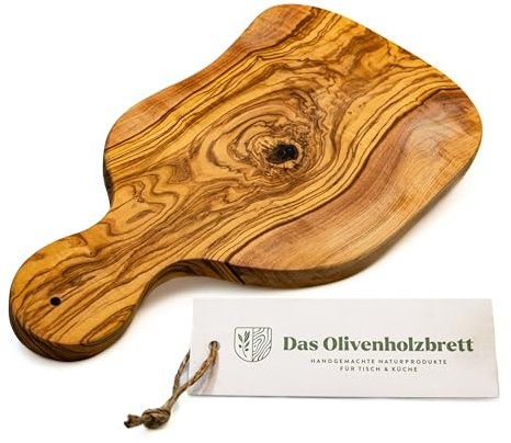 DAS OLIVENHOLZBRETT® / Olivenholz Schneidebrett mit Griff/Griffbrett/Brotzeitbrett mit Griff/Kräuterschneidebrett im Naturschnitt/kleines Servierbrett + Loch zur Aufhängung 30cm incl Griff