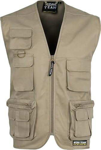 WORKTEAM Chaleco Safari Multibolsillos, Chaleco con Cremallera y Bolsillos Funcionales, Escote Pico, Unisex Beige XL
