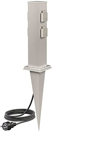 ledscom.de Garten-Steckdosen-Säule Polly mit Erdspieß und 2m Kabel für außen, IP44, 4-Fach, Edelstahl, eckig, 40cm