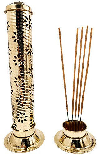 Quemador de Incienso (incensario) diseño Floral Hecho en Latón Dorado - 27 cm de Alto, Base 8 cm y Tapa 5 cm - Peso 155 g. Soporte Incienso Puede Contener hasta 5 barritas de Incienso.