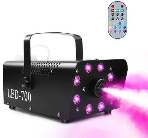 HOLDLAMP Máquina de Humo con Mando a Distancia Inalámbrico 8 LED 700W Pequeña Fog Machine para Discoteca Fiestas Halloween Bodas Escenarios Navidad Actuaciones Disco DJ etc – Negro