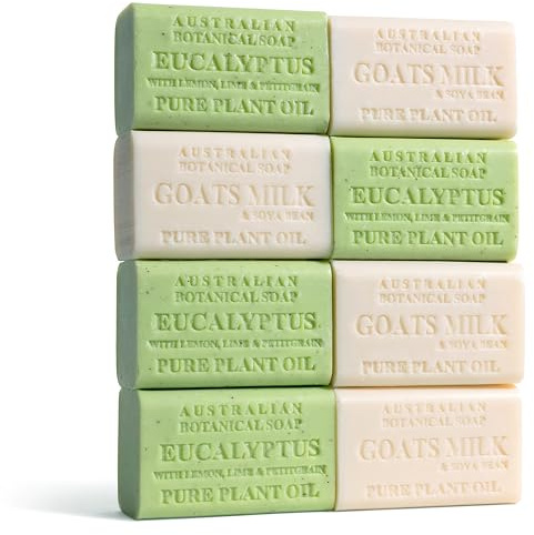 Australian Botanical Men's Soap Bars, Duo Pack Luxury Body and Beard Bars, Eucalyptus and Goats Milk Soap, Gift for Men, 6.6 oz. 4 Bars of Each, 8 Pack