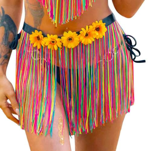Ushiny Regnbåge rave-kjol färgglad tofskjol blomma franskjol fest magdans höft halsduk rave outfit för kvinnor och flickor, Färgglad 1, en storlek