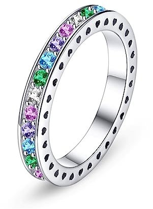 Bellitia Jewelry Bague Femme Bague D'éternité Colorée avec Zircone Cubique Fine Bague Empilable Diamants CZ en Argent 925/1000, Bijoux pour Fiançailles, Mariage