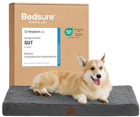 Bedsure Grand matelas pour chien lavable - Oreiller orthopédique et matelas pour panier de chien avec housse amovible en peluche Sherpa, gris, 89 x 56 x 7,6 cm