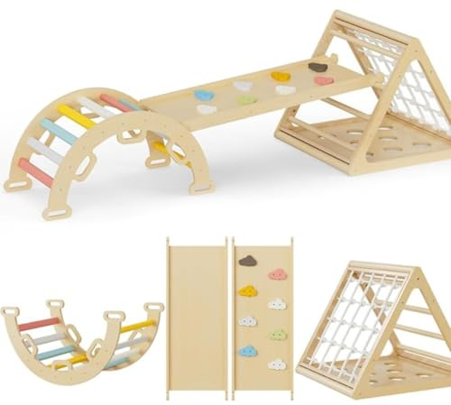 NEOCOZY Pikler Triangle Set with Cushion, Arch and Slide, Toddler Climbing Toys Indoor Playground, Montessori Climbing Set, Indoor Jungle Gym, Wooden Pickler-3 Piece Climbing Gym for Kids 1.5-6yr