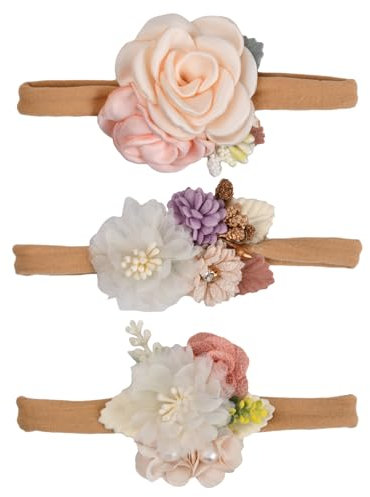 3 Stück Baby Haarband, Nylon Stirnband Baby Mädchen Elastisches Blumen Haarband für Neugeborene, Weiche Floral Haarreif für Kinder Partys Familienfotos
