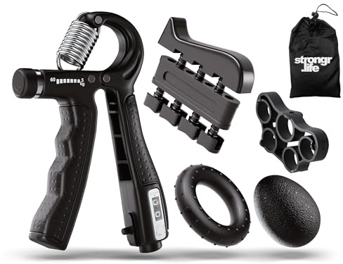 Strongr.Life Handtränare – set med fingertränare, gummitränare, ringtränare, softball, förvaringsväska – grepptränare – motstånd 5–60 kg