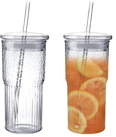 Glas Wasserbecher mit Deckel 2 Stück Trinkbecher mit Strohhalm 600ML Bubble Tea Becher High Borosilicate Glas Tumbler Geriffelte Glasbecher Kaffeebecher für Eiskaffee Saft Smoothie Wasser Tee