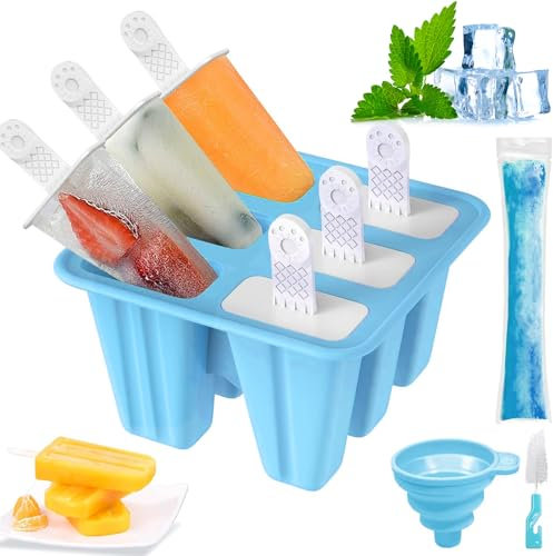 Moule à Glace, Moule Silicone Glace pour Adultes et Enfants, Réutilisables Popsicle Mold, Moule Glace à l'eau avec Pinceau de Nettoyage et Entonnoir de Pliage (Bleu, 6 Cavités)