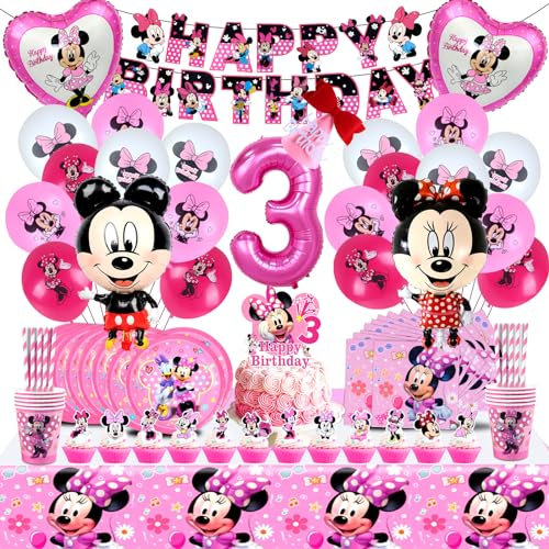 101 Stück Minni Deko 3 Jahre, Partygeschirr Geburtstagsdeko 3 Jahre, Minn 3 Jahre Geburtstag Deko, 3 Jahre Kindergeburtstag Deko Party Supplies, Geburtstagsdeko Supplies für Minni Themenparty