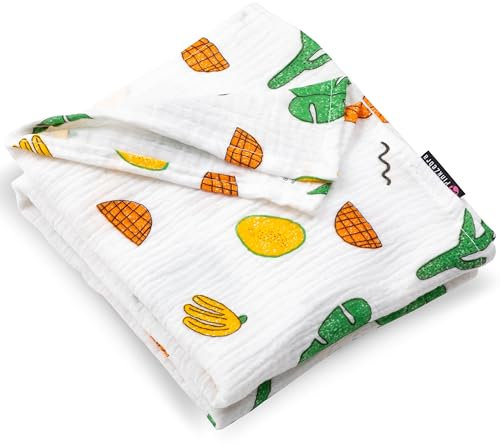 PinkZebra Musselin Babydecke 120 x 120 cm, weiche Baby Ganzjahresdecke, Musselindecke für Neugeborenen, Pucktuch aus 100% Bio-Baumwolle, Öko-Tex, Exotische Früchte