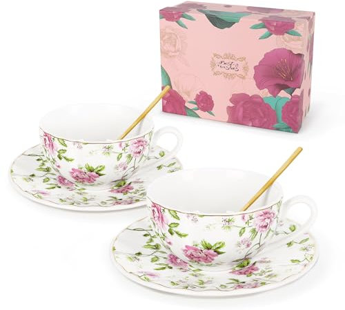 fanquare Floral Kaffeetasse und Untertasse Set von 2, Rosa Kaffeetasse Keramik 200ml, Britische Porzellan Teetassen und Untertassen mit Löffel Geschenk für Mama Freund Tee Party