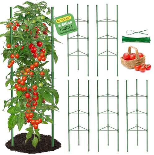 MQUPIN Enrejado de tomates, 6 unidades, 130 cm, para plantas trepadoras, altura ajustable, para tomate, pepino, rosas, jardín, enrejado de metal, con 20 bridas