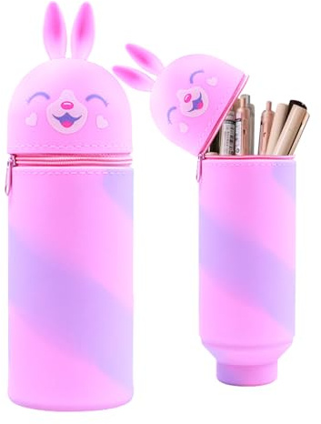 EEPLUYTY Générique Étui École 2 en 1 Silicone, Trousse Verticale, Fermeture Éclair, Dessin Animé Mignon, DIY (Rose)