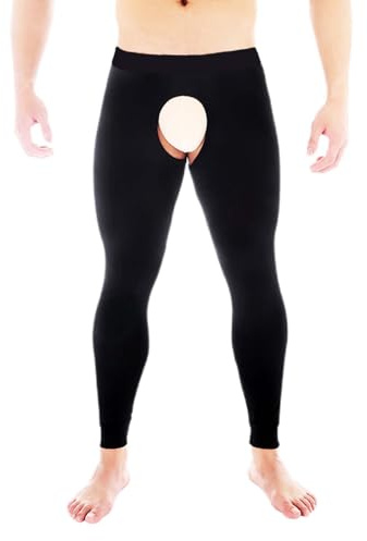 Duohropke Leggings para hombre, de cintura alta, calzoncillos largos, ajustados, cómodos, con entrepierna abierta, de algodón, pantalones de moda, leggings sexys, Negro , L