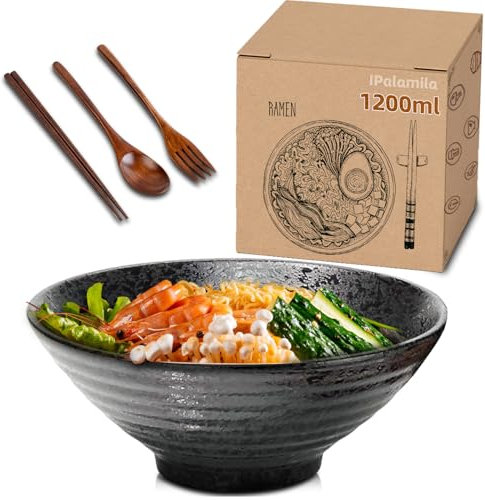 iPalamila 1200ml Ceramic Ramen Bowl Set, Ramen Bowl Grain Bowl Set of 4 (1 Bowl, 2 Chopsticks, 1 Spoon, 1 Fork), Suitable for Soup Salad, Risotto, Grain Pasta Ideal as a Festive Gift!