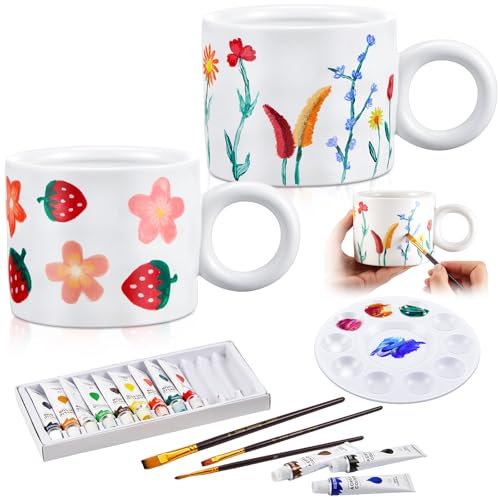 Sinmoe Set di Pittura su Tazza in Ceramica per Adulti 2 Tazze 12 Colori Ceramici 3 Pennelli 1 Tavolozza Regalo Mug Fai da Te Kit Bicchiere da Dipingere da Caffè per Compleanno Natale(Stile Semplice)