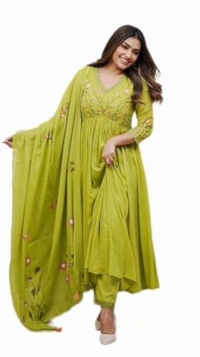 Sambhav Quilt Hub Broderad Anarkali Kurta och Byxset med tryckt bomull Malmal Dupatta och spets, gRÖN, M