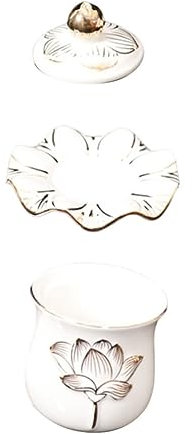 Mikinona Tazza Offerta Acqua in Porcellana Bianco Loto Sacro Coppa Ceramica Decorativa Buddista Con Vassoio Resistente e Anti-invecchiamento Per Altare Meditazione Yoga