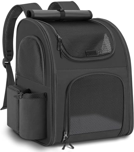 Sac à Dos Chat Chien, Charge Maximale 10kg Sac Transport Chat Chien, Sac a Dos pour Chiens Chat avec Fenêtre en Maille, Spacieux Sac Voyage Chiens Chat Laisse et Tapis Intégrés - Noir