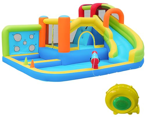 Castillo Hinchable Parque Acuático Multifuncional + Parque de Trampolines para Niños, Tobogán, Muro de Lanzamiento, Canasta de Baloncesto, Muro de Escalada, Incluye Ventilador de 450W, Carga Máx 180kg
