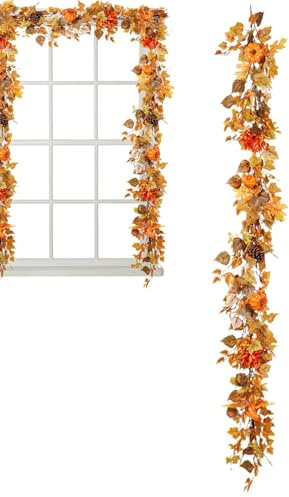 Höstbladskrans, konstgjorda lönnblad, höstdekoration, lönnbladsgirlang – hängande lönnlöv rankor, spiselkrans, thanksgiving höstdekoration, 183 cm/6 fot – höst, halloween,
