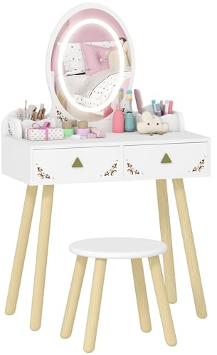 AIYAPLAY Coiffeuse Enfant en Bois 2 en 1, Bureau Enfant Fille avec Miroir à LED 3 Couleurs et Tabouret, Table de Maquillage avec 2 tiroirs et 2 casiers de Rangement Amovibles, 60x30x99,3cm, Blanc