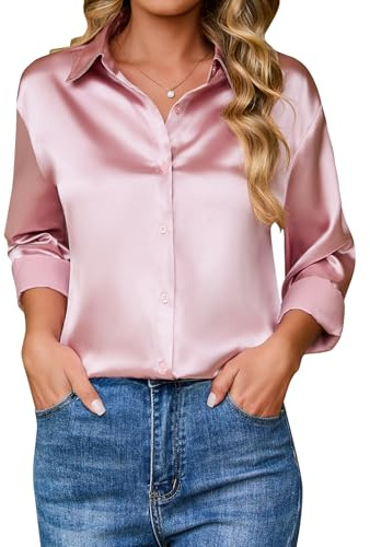ETOSELL Satin Silk Blouse for Women Button Down Shirt Dressy Long Sleeve Tops Casual Spring Clothes Pink
