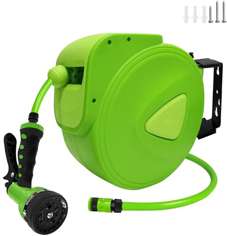 TATIVALO Caja de manguera de pared de 20 m – Enrollador de manguera de jardín con 9 funciones de pulverización, soporte de pared giratorio 180°, manguera de PVC de 1/2 pulgadas, duradero y resistente
