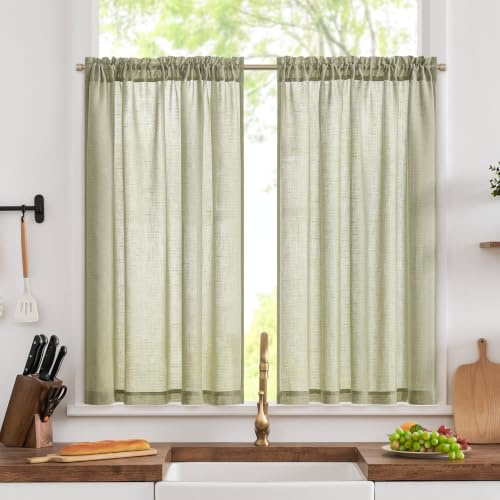 TOPICK Sage Green Kitchen Curtains, Linen Look Cafe Curtain W36xL45, 2 PCS | 45 Inch Drop, Rod Pocket Light Filtering Privacy Drapes, Half Window Tiers for Bedroom, Living Room, Cupboard Base, Sink