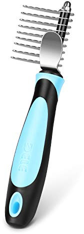 Flexzion Dogs Dematting Comb, Stainless Steel Blades Rakes, for Pets Cats Animals Matted Knotted Hair, Brush Cutting Removing Grooming Tool with Smooth Teeth Needle - Black & Blue Handle