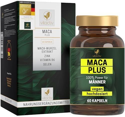 Vitactiv MACA PLUS Kapseln – 60 Maca Kapseln Hochdosiert für 60 Tage - 500 mg Extrakt aus Maca Wurzel pro Kapsel - Komplex mit Selen, Zink und Vitamin B6 - Vegan, Laborgeprüft in Deutschland