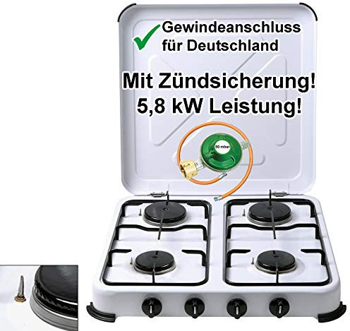 Camping-Gaskocher 4-flammig mit Zündsicherung Gasschlauch Gasregler