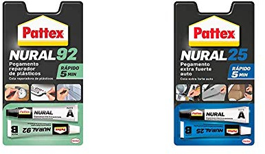 Pattex Nural 92 Pegamento reparador de plásticos, cola transparente para reparar y pegar plástico + Nural 25 Pegamento extra fuerte auto, adhesivo resistente