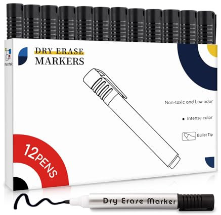 maxtek Whiteboard Marker 12, Schwarz Witeboard Stifte Rundspitze ca.2-3mm Linienbreite, Set mit hohe Qualität Geruchsarme Tinte, Zubehör füir Schule, Büro, Zuhause