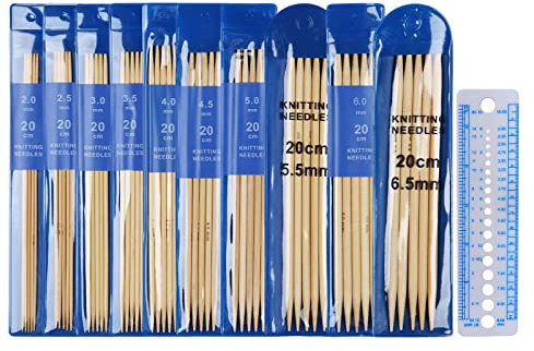 Coopay Bambus Stricknadeln Set, 20cm Doppelspitzen Stricknadeln mit Nadellehre, 10 Größen Leicht Gerade Nadelspiel Set 2,0-6,5 mm, Kurze Stricknadeln für Socken Stricken & Anfänger Sockennadeln Set