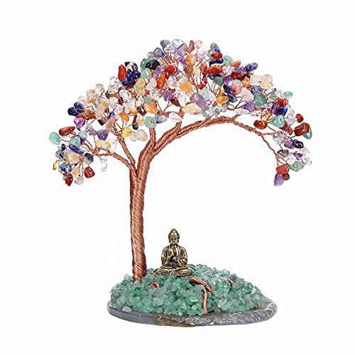 GEHECRST Feng Shui Geldbaum Buddha Figur Lebensbaum Deko mit Achat Basis Heilstein Glücksbringer Baum Trommelsteine Glückbaum Dekoration für Reichtum Glück Gesundheit (7 Chakra)