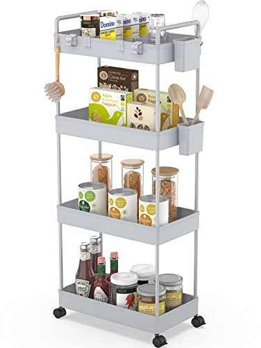 Ronlap Rollwagen Küchewagen mit 4 Ebenen, Servierwagen mit Aufhängebecher, Separator, Haken, Regal auf Rollen für Küche, Schlafzimmer, Büro, Grau