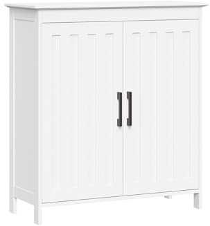 RiverRidge Monroe Two-Door Floor Storage Cabinet - Bathroom Storage Cabinet with Adjustable Shelves - Soft-Close Doors White Finish with Matte Black Handles