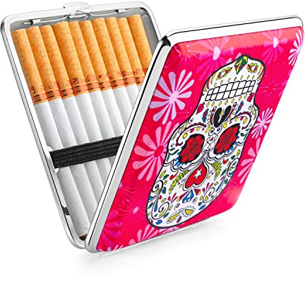 Lot de 3 étuis à cigarettes en cuir synthétique avec motif crâne - En acier inoxydable - Pour 20 cigarettes - Pour homme et femme - Pour homme et femme (NO1)