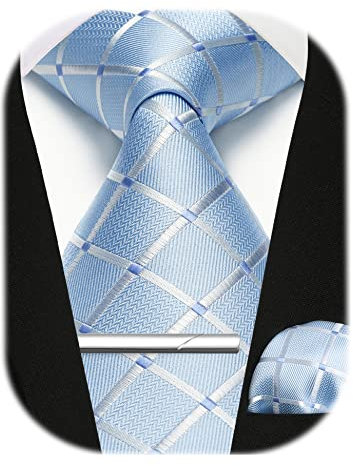 Enlision Herren Krawatten und Einstecktuch krawattenklammer Set Hellblau Karierte Krawatte Taschentuch Krawattennadel Für Männer Business Hochzeit,Hellblau,Einheitsgröße