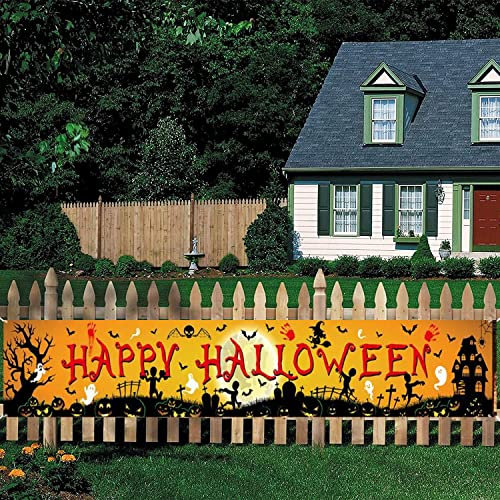 AOLOA Happy Halloween Banner, Orange Schwarz Halloween Deko, Extra Lange Stoff Hintergrund Yard Banner, Halloween Party Dekor, Zeichen für Halloween Drinnen Draußen Home Decor Supplies, 210 x40 cm