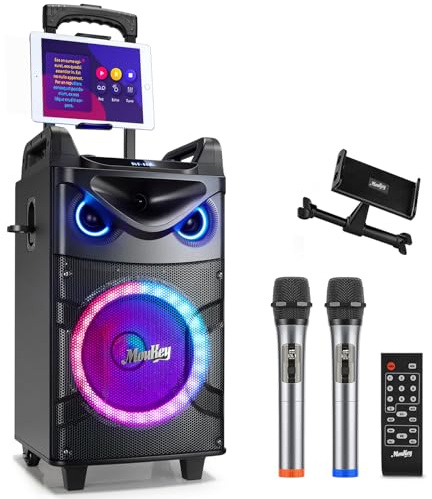 Moukey Karaoke Machine, 10 Woofer Portable PA System, Bluetooth Speaker with 2 Wireless Microphones, Lyrics Display Tablet Holder, Party Lights & Echo/Treble/Bass Adjustment Support REC/AUX/USB/TF