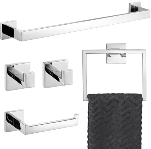 TURS Set di 5 pezzi di accessori per il bagno in cromo lucido set portasciugamani anello porta carta igienica e 2 ganci per asciugamani, montaggio a parete in acciaio inox
