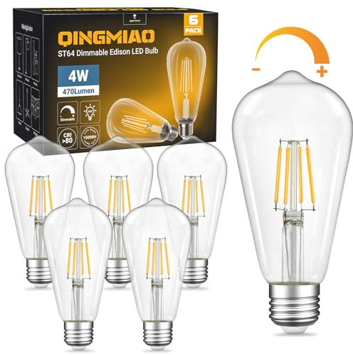 Dimmable LED Edison Bulbs 4W (40 Watt Equivalent) 400 Lumens, 3000K Soft White, ST64 E26 Base LED Light Bulbs, Vintage Clear Glass LED Filament Bulb for Home Lamp, Wall Sconce, Chandelier, 6 Pack